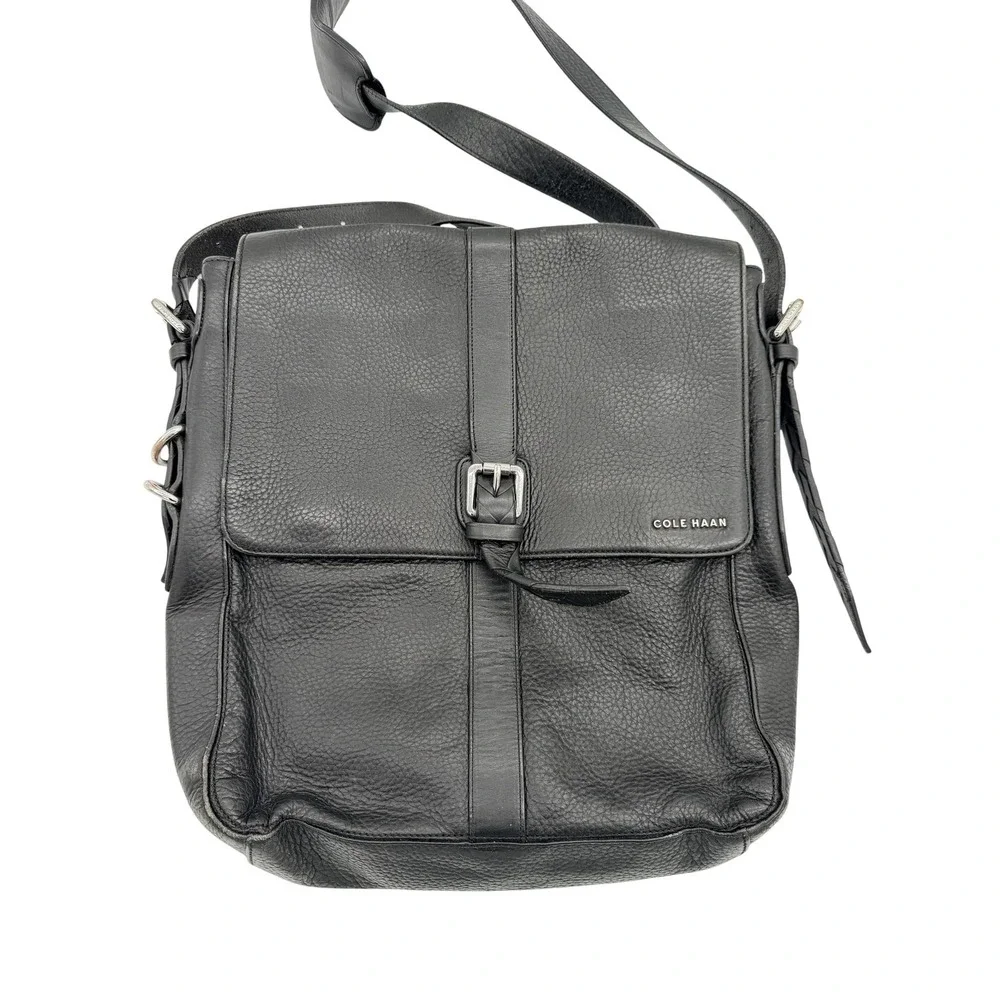 Cole Haan Messenger Bag Mens Large Black Leather Crossbody Adjustable Strap